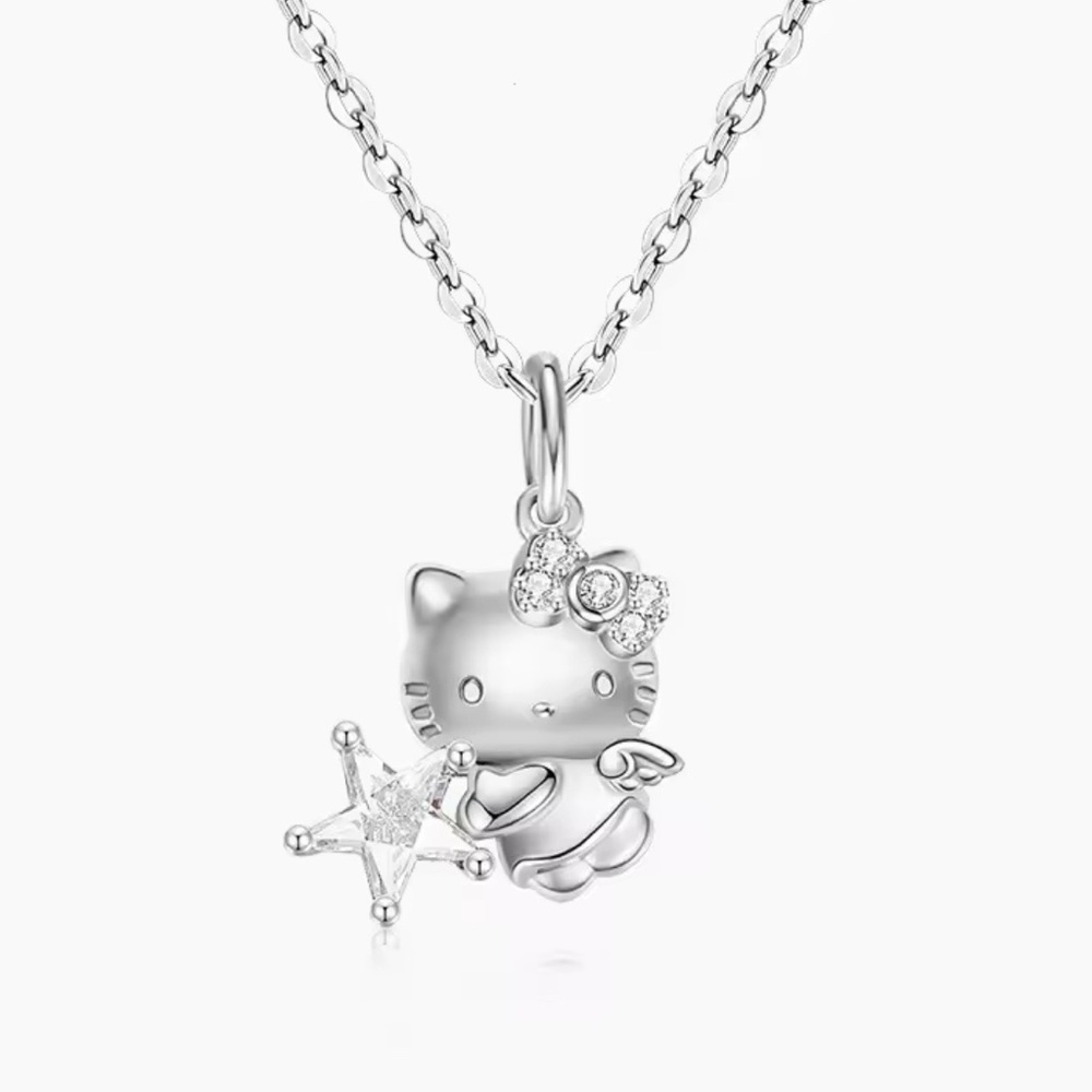 COPY - 925 Sterling Silver Hello Kitty Angel Holding Diamond Star Pendant Neck… - Picture 7 of 8